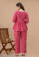 Pink premium rayon women's top & pant co-ord set, trendy pocket, comfy three-quarter sleeves